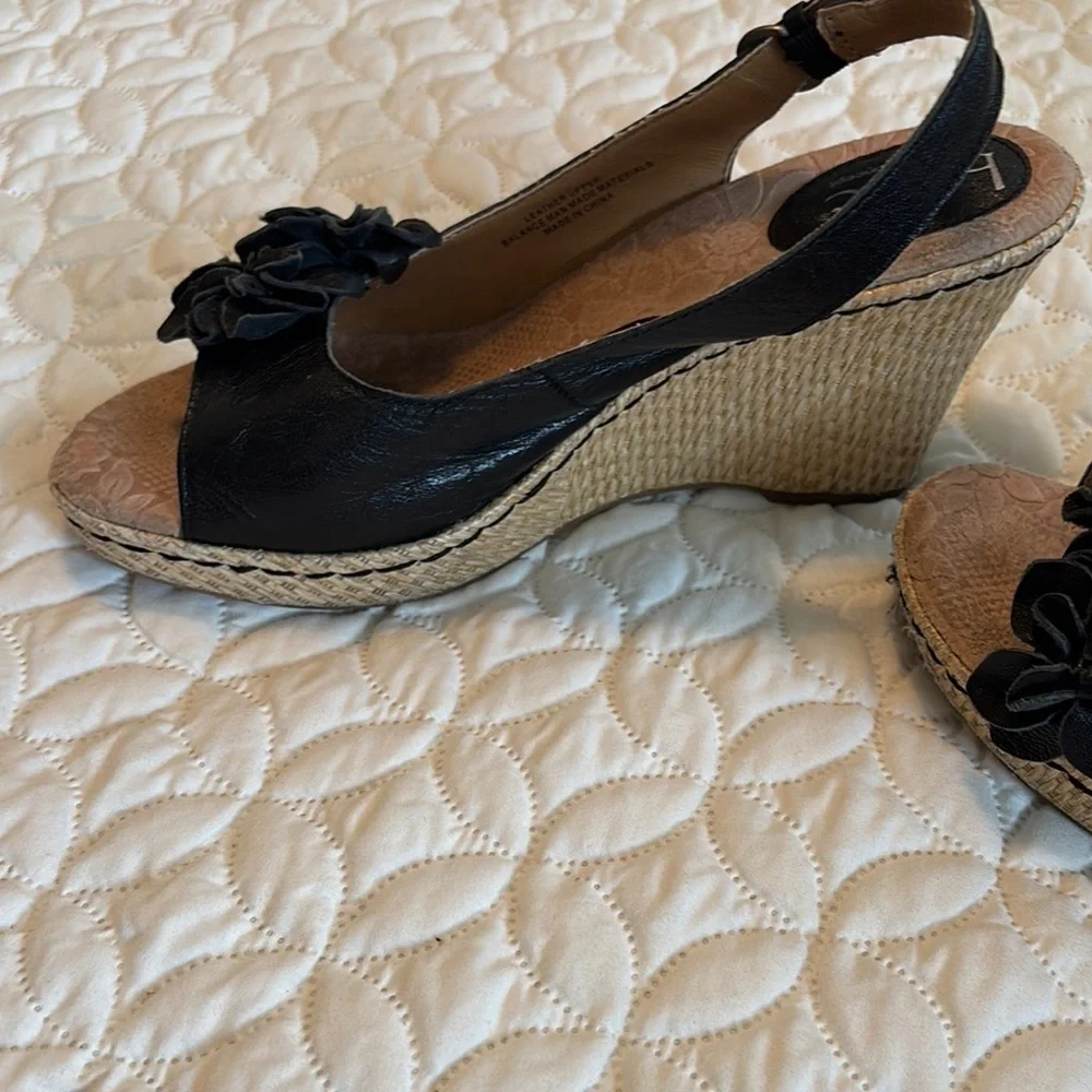 b.o.c. Black Espadrille Slingback 3.5” Straw Woven Heels Shoes Floral Sandals